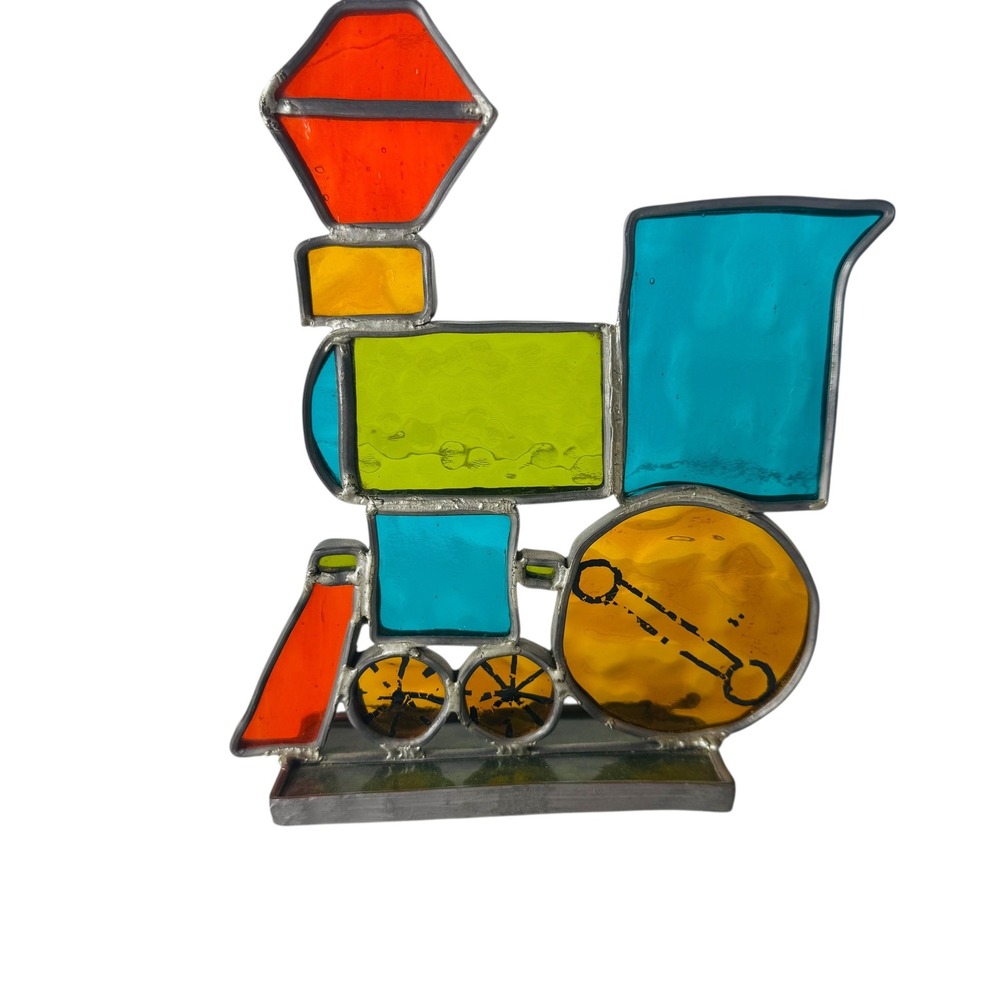 Vtg Stained Glass Train‎ Decor Colorful Locomotive Engine Nursery Display Leaded